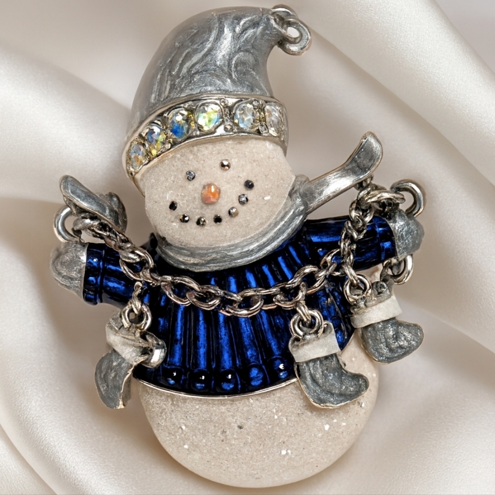 Rhinestone Snowman Brooch, Blue Enamel Coat & Holiday Charms – Silver Winter Pin